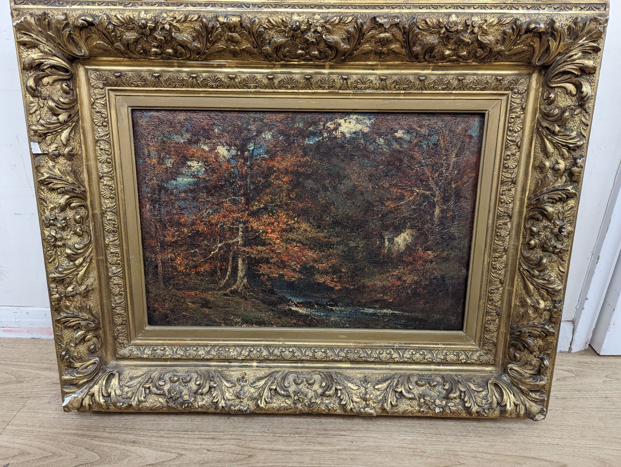 Late 19th century French School, oil on canvas, Woodland in autumn, 37 x 56cm